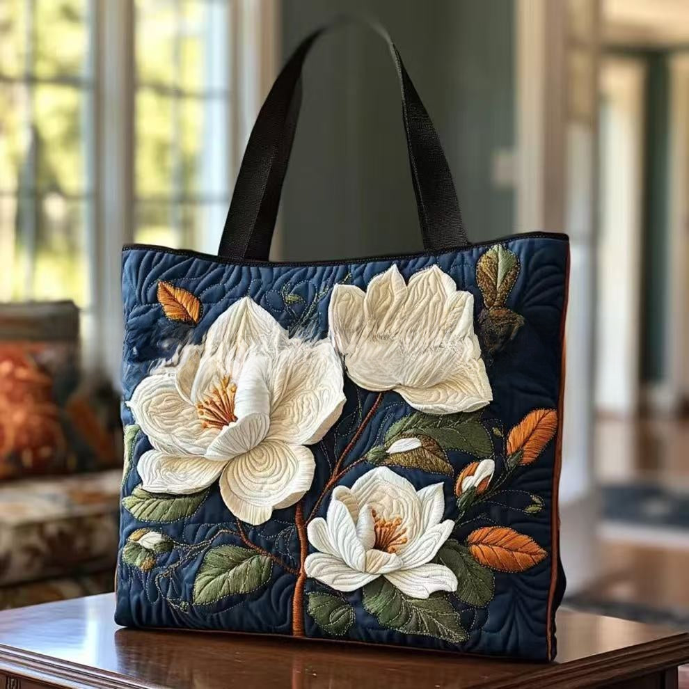 Handmade Embroidered Quilted Tote Bag with Jungle Animal and Book Patterns
