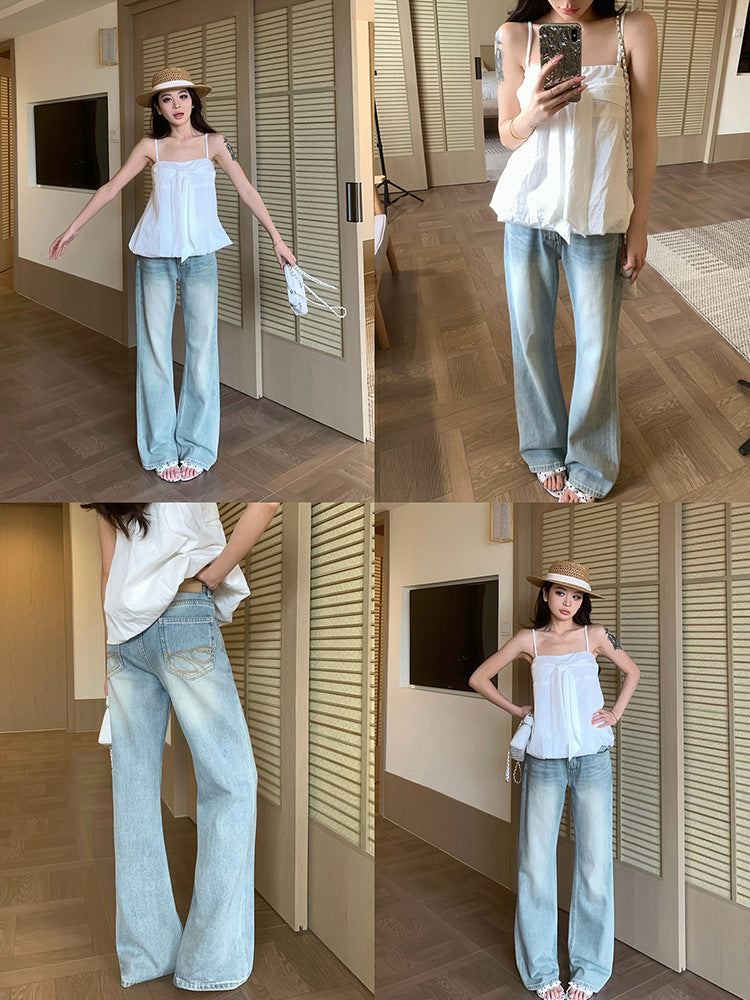 Washed Retro Wide-Leg Denim Pants for Women