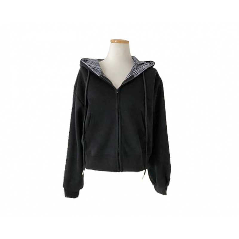Relaxed and loose checkered plain-colored zipper long-sleeved hoodie
