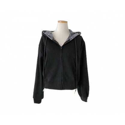 Relaxed and loose checkered plain-colored zipper long-sleeved hoodie